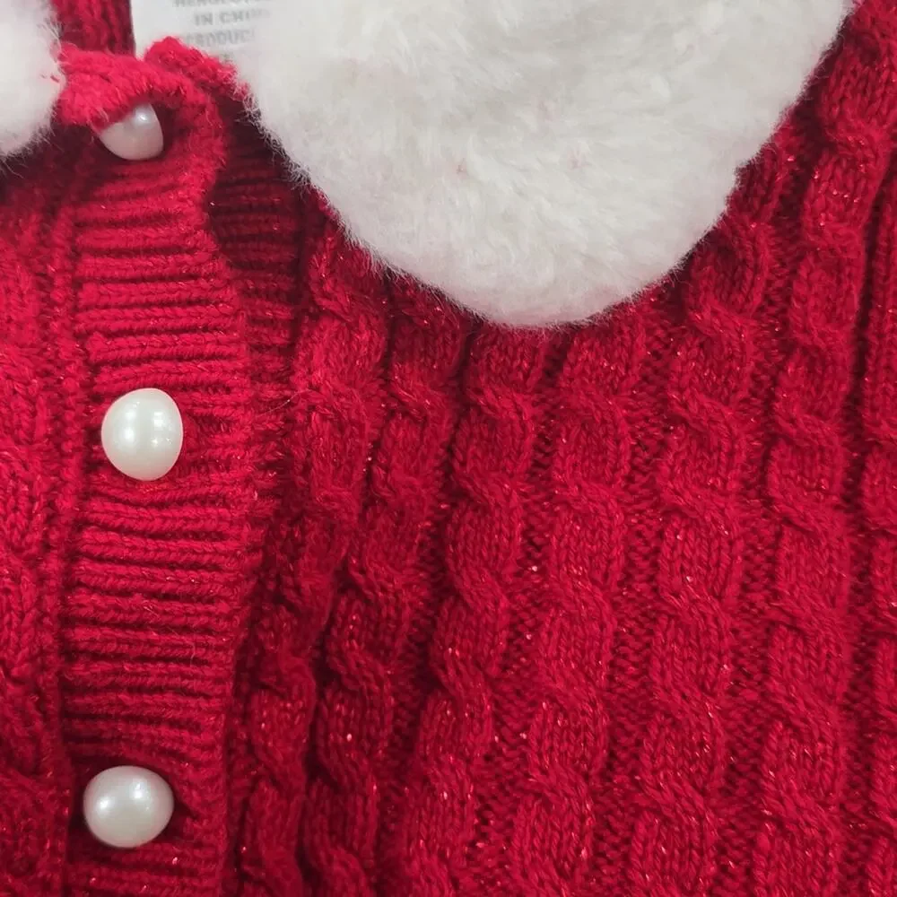 Tahari Red Cable Sweater With Faux Fur Collar